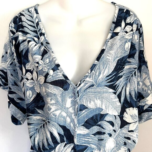 H & M LOGG NAVY BLUE TROPICAL PRINT LINEN BLEND DRESS SIZE LARGE - Picture 4 of 11